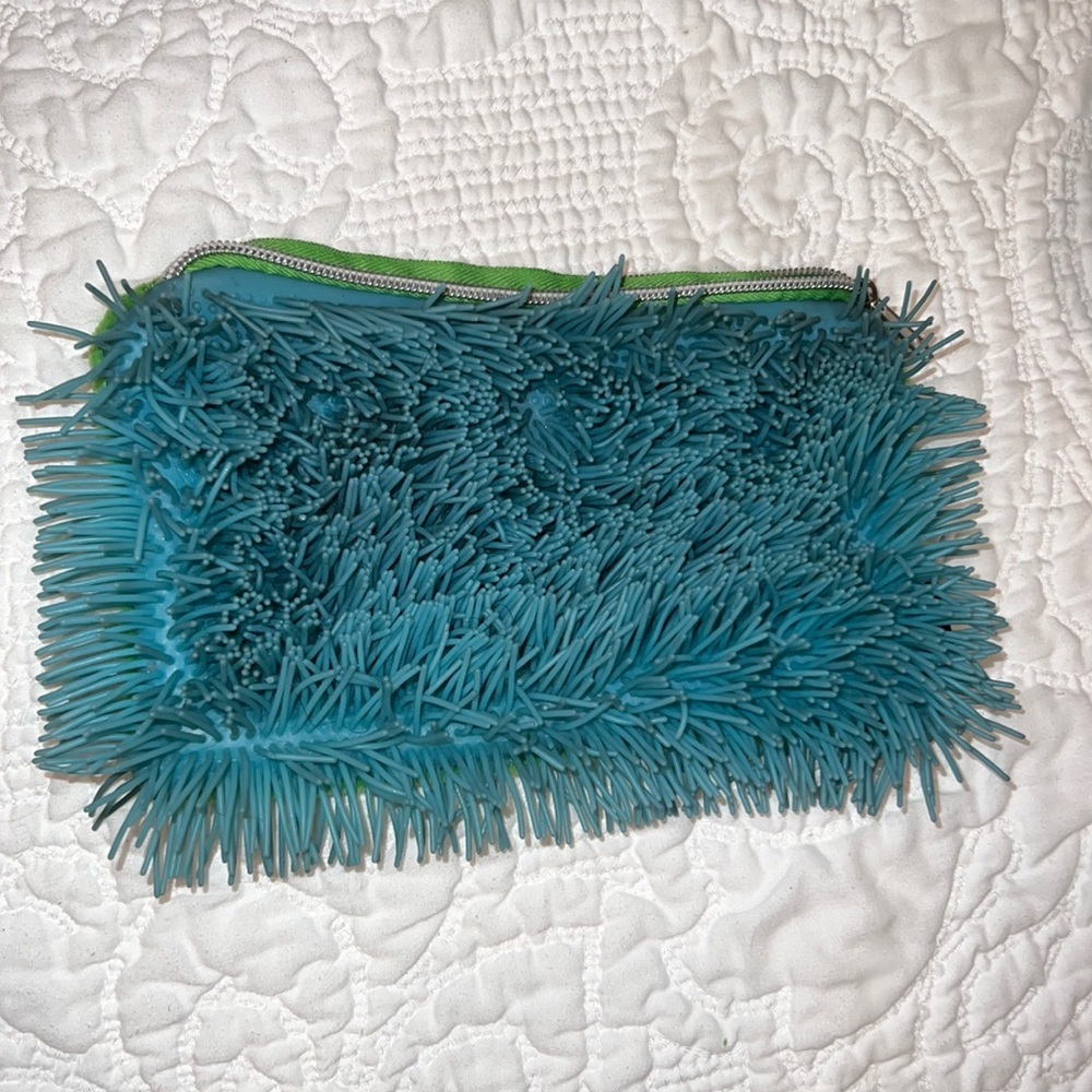 Blue & green pencil case cosmetic bag makeup case rubber 1” long stringy hairs​​